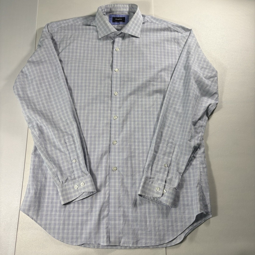 Esquire Men Dress Shirt 17 36/37 Blue White Micro Check Long Sleeve Button Front